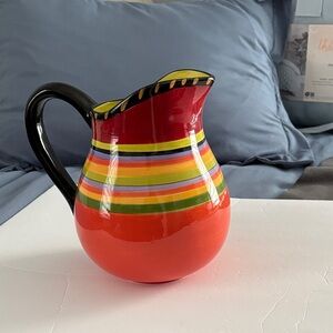 Hand-Painted Red an Orange Striped Ceramic Pitcher - Decorative Home Art